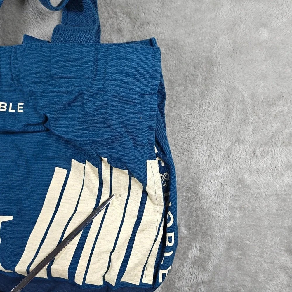 Barnes Noble Tote Bag Medium Blue Organic Cotton Book Print Library Fair Trade